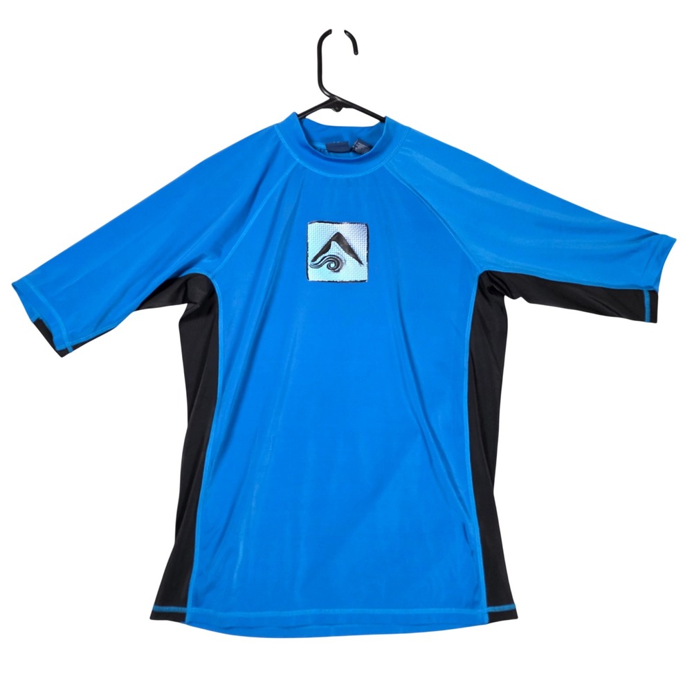 Kanu Surf Rash Guard Mens Large Blue Good Short Sleeve Swim Shirt Graphic Logo